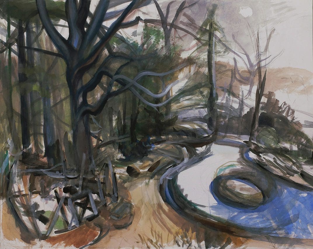 An impressionistic painting of a winter garden with a curved pool and bare trees.